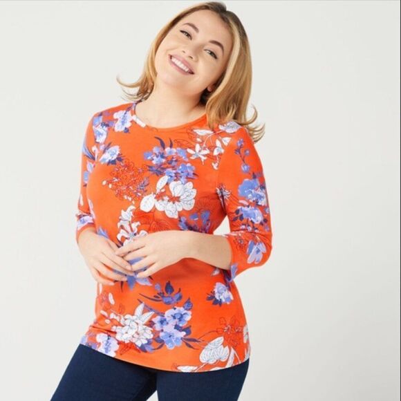 New Denim & Co. Floral Print Round-Neck 3/4-Sleeve Top in Tigerlily | Size M - Picture 1 of 8